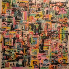 Abstract Expressionist Collage with Vibrant Colors and Patterns. Energetic abstract painting filled with layered geometric patterns, doodles, faces, and bold brushstrokes in a vivid mix