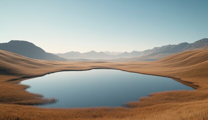 A minimalist landscape, a small lake in the middle of a large plain