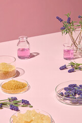 A flat lay composition featuring lavender sprigs, glass beakers, and small dishes of brown sugar on a pastel pink background, styled for a skincare theme.