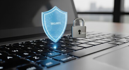 Laptop security concept with shield and padlock on the keyboard for online safety and data protection representing cybersecurity solutions