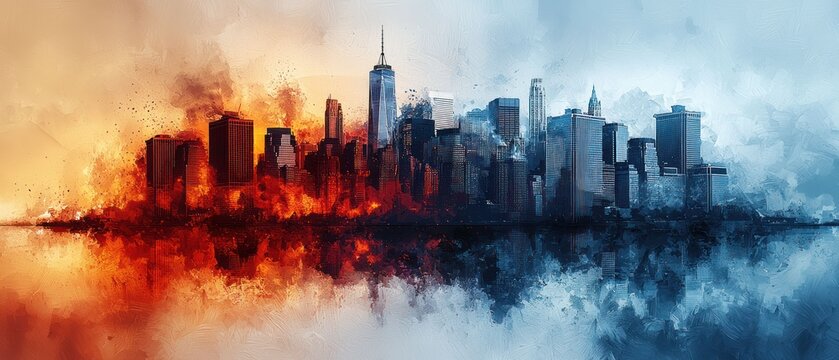 NYC Divided: A fiery cityscape meets an icy reflection, a powerful dichotomy of urban chaos and serene beauty.