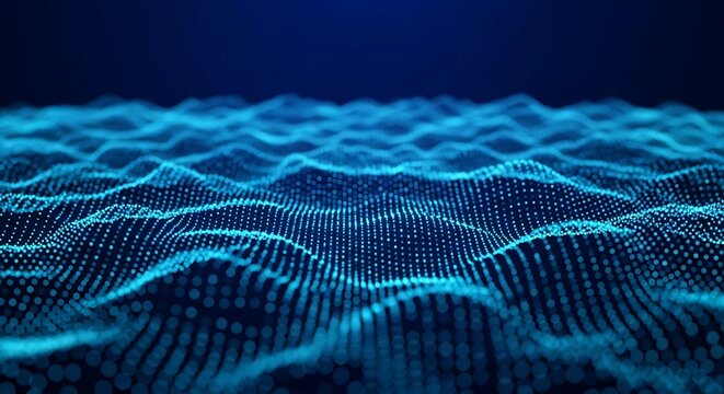 Abstract Blue Digital Waveform with Glowing Dots and Dark Background - Powered by Adobe