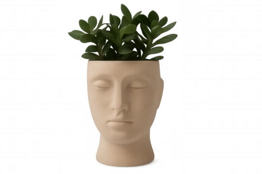 Ceramic head-shaped planter containing green leafy plant, symbolizing psychological growth, creativity, and mental wellness on clean transparent backdrop