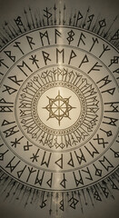 Circular norse elder futhark runes mandala with central star symbol
