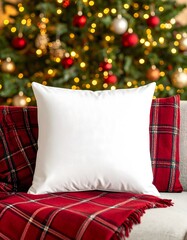 Ultra realistic white square pillow mockup on a couch with a festive Christmas tree background for holiday home decor designs.