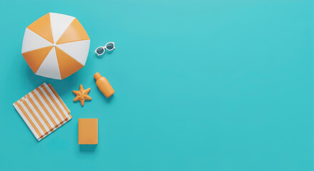 Summer beach essentials arranged on a bright turquoise surface with vibrant colors and fun items