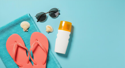 Summer beach essentials including flip flops, towel, sunscreen, and sunglasses on blue background