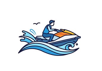 Naklejka premium Man on Jet Ski in Water Waves, Colorful Outline Illustration