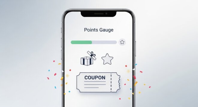 Mobile App Interface Showcasing Points Gauge Coupon and Rewards System for User Engagement and Loyalty Programs with Confetti Celebrating Achievements