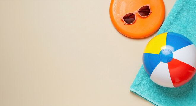 Colorful beach toys and sunglasses ready for summer fun by the poolside