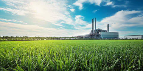 Modern sugarcane fields and processing plant under blue sky Generative AI