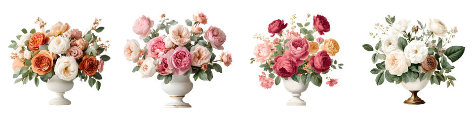 Floral Bouquet Collection in Vases - Elegant Roses on White