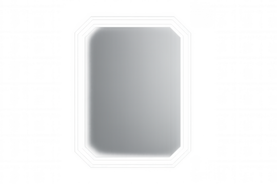 White-framed octagonal mirror reflecting soft light against transparent backdrop, highlighting minimalist design aesthetic