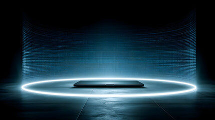 snippets rotating around a glowing laptop in dark programming room