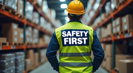 Professional with Safety First Vest, worker in a warehouse, workplace security.