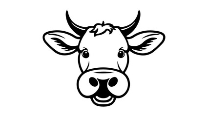 funny smiling cow face vector cartoon illustration, black and white shape of a cartoon cow face with a smile vector illustration
