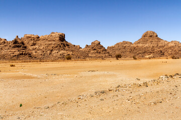 Sahara desert landscape. Amazing  rocks  formations plateau Tassili n' Ajjer near Djanet. Algeria, Africa