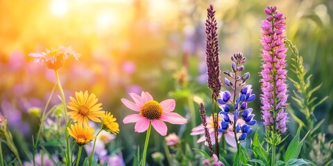 Obraz premium Breathtaking wildflower meadow illuminated by sunlight, showcasing nature s serene beauty in bloom.