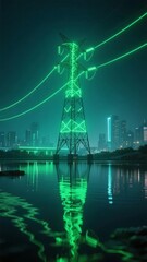 Fototapeta premium Glowing Green Electrical Tower Reflected in Water at Night