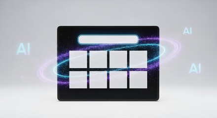 Modern AI Technology Interface with Glowing Orbits and Square Elements on a Clean White Background Concept Design