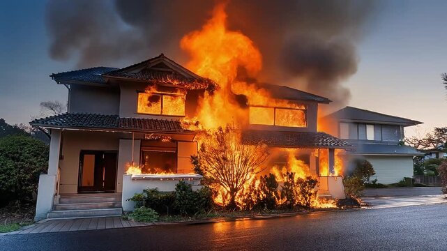 火事で燃えている住宅街の家。