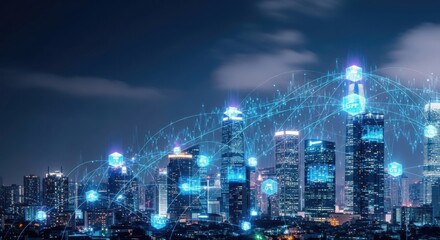 Modern Cityscape with Futuristic Network Overlay Illustrating Global Connectivity and Communication Technologies for Smart Cities and Digital Transformation