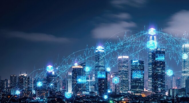 Modern Cityscape with Futuristic Network Overlay Illustrating Global Connectivity and Communication Technologies for Smart Cities and Digital Transformation