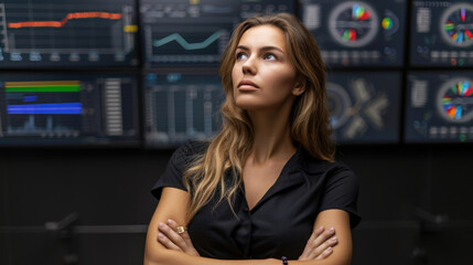 Confident woman stands in front of multiple digital screens displaying data and graphs, exuding sense of determination and focus in modern office environment