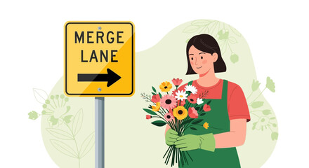 Merge of Floral Lane Illustration Featuring A Woman with Flowers and Road Sign