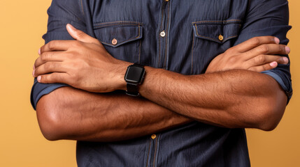 Person with crossed arms is wearing smartwatch, showcasing casual yet confident pose against warm yellow background. denim shirt adds relaxed vibe to overall appearance