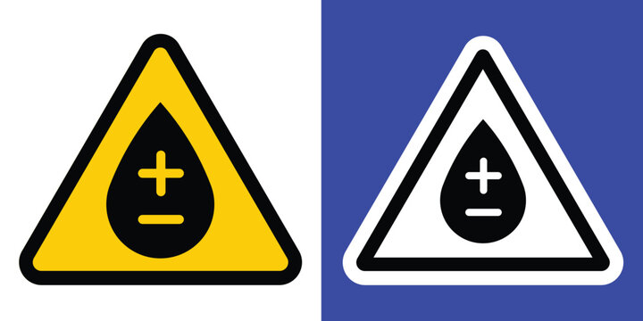 Bold yellow and black triangular fire hazard warning sign with water drop with plus and substract icon