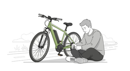 Naklejka premium Man Resting Next To His Electric Bike After Cycling On The Road