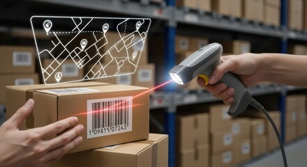 Modern Warehouse Inventory Management with Barcode Scanner and Digital Map Overlay for Efficient Logistics and Distribution Processes showcasing Technology Integration