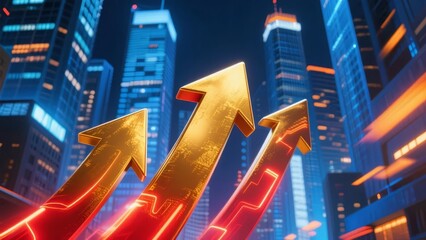 Golden Arrows Ascending Amidst a Futuristic Cityscape