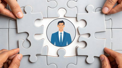 Teamwork assembling a puzzle to reveal a successful businessman