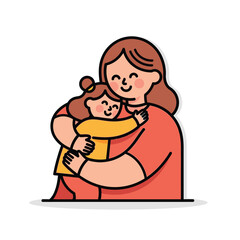 Happy mother and daughter hugging with love. Cute cartoon illustration of a mom embracing her child, showing family affection and tenderness.
