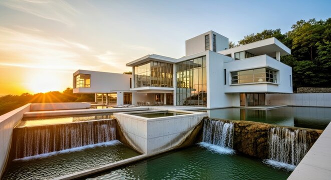 Modern Residence at Sunset: A stunning modern residence, a paragon of contemporary design, bathed in the warm glow of the setting sun, its architecture seamlessly blends with its natural surroundings.