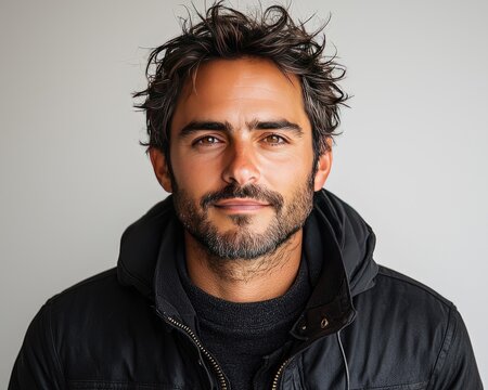 Close-up portrait of a man with a casual expression and tousled brown hair, wearing a dark jacket