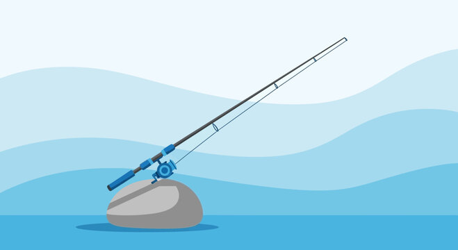 Minimalist fishing illustration showcasing a solitary rod by serene waters  in blue tones creating a tranquil angling scene