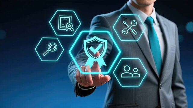 Man in suit tapping glowing hexagon with award emblem abd surrounded by futuristic icons, concept of Quality Control and Document Verification