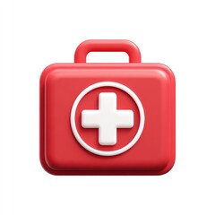 Fototapeta premium A 3D rendering of a red first-aid kit. It's a small, rectangular, boxy, plastic-looking case with a white plus symbol on the front. The case has a handle