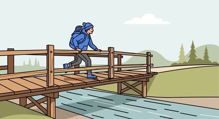 Man With Backpack Crossing Wooden Bridge in Nature Illustration