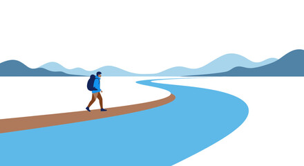 Man With Backpack Walking On Narrow Path Towards The Mountain Destination