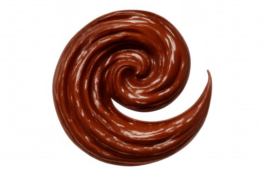 Smooth, swirling, glossy, melted milk chocolate cream forming a spiral shape on a transparent background