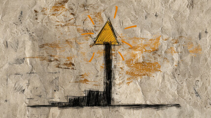 Simple sketch of tall, black structure with bright yellow triangular top, set against textured, aged paper background. design conveys sense of upward movement and creativity, evoking feelings