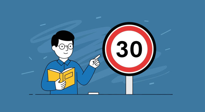 Man With Book Explaining The Speed Limit Sign Rules For The Road