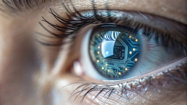 Closeup of human eye with computer circuit board reflection, artificial intelligence - Powered by Adobe