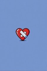 A stylized red heart with a bandage over it on a light blue background