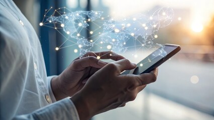 Close up of person using smartphone with global network connection overlay