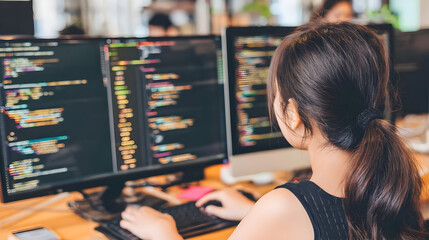 coding with multi-screen setup showing glowing lines of code and data streams